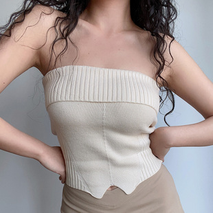 BERAN 下摆开叉针织抹胸背心 欧美风性感一字露肩平口翻边高腰短款
