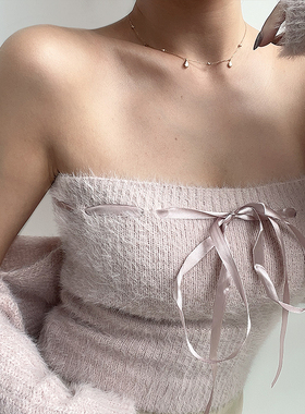 BERAN 复古甜美蝴蝶系带性感抹胸针织背心毛绒披肩开衫上衣两件套