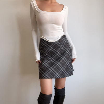 BERAN 秋冬复古可爱格纹百搭高腰短款灰色毛呢格子A字半身裙短裙