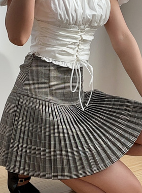 BERAN 可爱复古格纹高腰伞摆灰色格子A字百褶裙半身裙短裙防走光