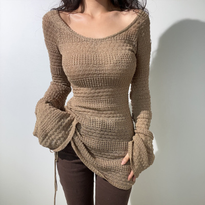 BERAN 欧美性感辣妹大圆领不规则抽绳镂空修身喇叭长袖针织衫罩衫