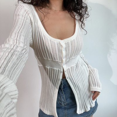 BERAN 美式复古圆领乳白色镂空微透百搭长袖系扣薄款针织开衫外搭