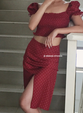 BERAN独家定制ref复古方领点点褶皱蓬蓬袖短上衣中长裙半身裙套装