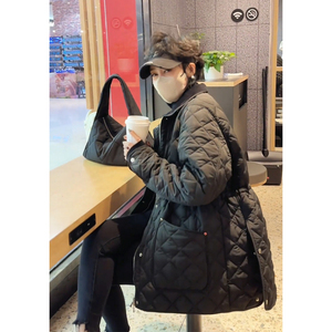 2023新款今年流行高级感小个子黑色菱格连帽棉衣棉服厚外套女冬季