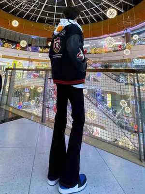 美式vibe裤子男款秋冬高街黑色直筒牛仔裤加绒高腰显瘦弯刀微喇裤