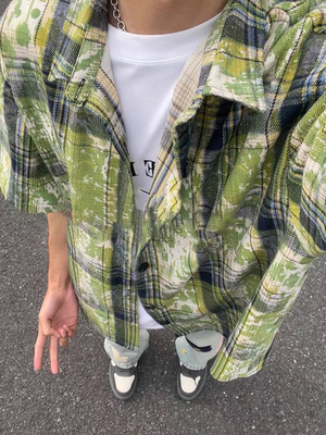 牛油果绿色扎染格子衬衫短袖男款夏季vintage衬衣t恤美式半袖外套