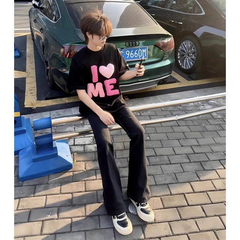 怪兽黑色弯刀牛仔裤男秋夏cleanfit裤子美式vibe直筒休闲微喇长裤