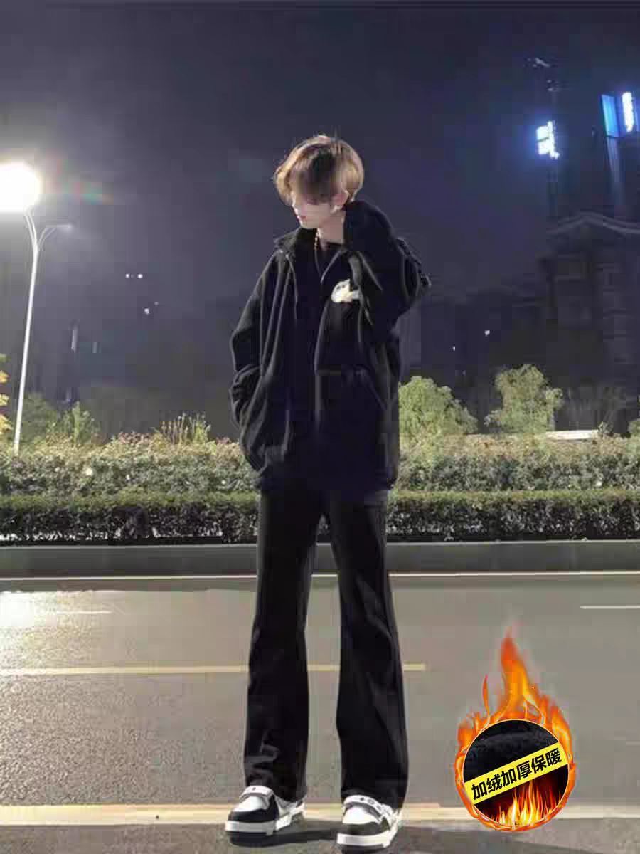 cleanfit秋冬季新款加绒牛仔裤男vibe美式高街显瘦微喇叭修身裤子