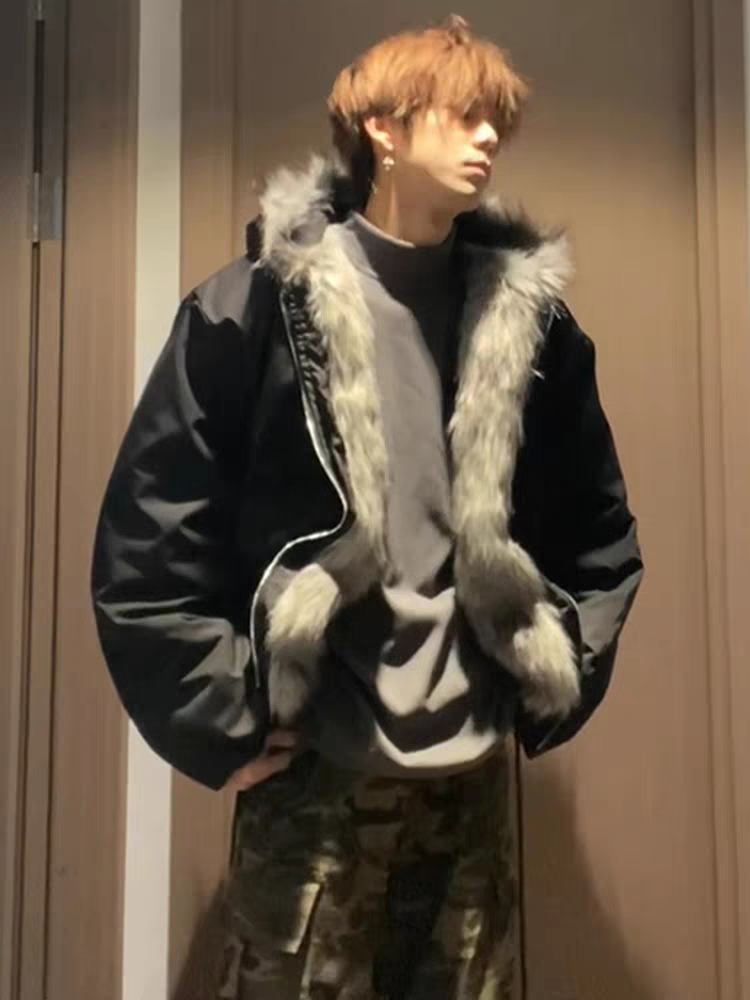 座山雕毛茸茸毛领棉服外套男女加绒加厚夹克美式cleanfit冬季棉衣