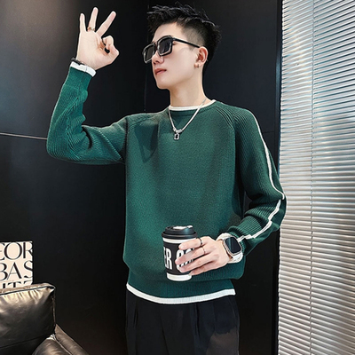 假两件毛衣男秋冬季绿色打底衫