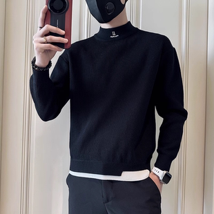 半高领假两件针织衫男士中领秋冬款毛衣男潮2025新款冬季内搭男款
