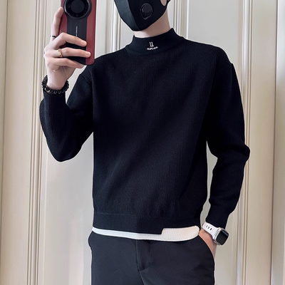 半高领假两件针织衫男士冬款毛衣