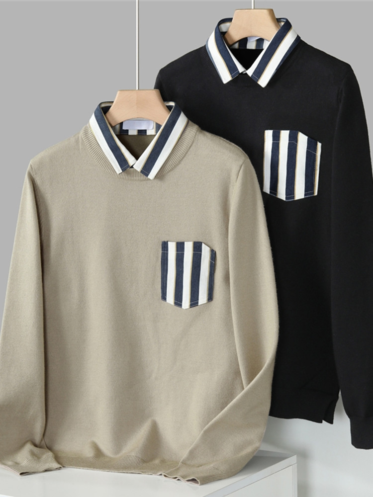 2025秋冬新款打底毛衣男士长袖衬衫领假两件男冬季潮流套头针织衫