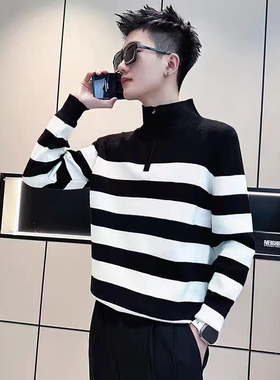半高领拉链毛衣男秋冬小众韩版潮流休闲ins黑白条纹针织衫外套帅