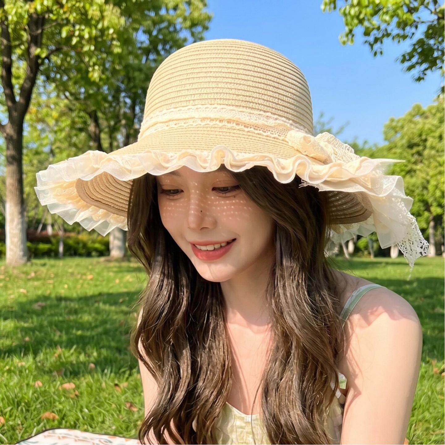 花边结遮阳草编帽子女夏天田园风大帽檐防晒帽出游度假沙滩帽纯色