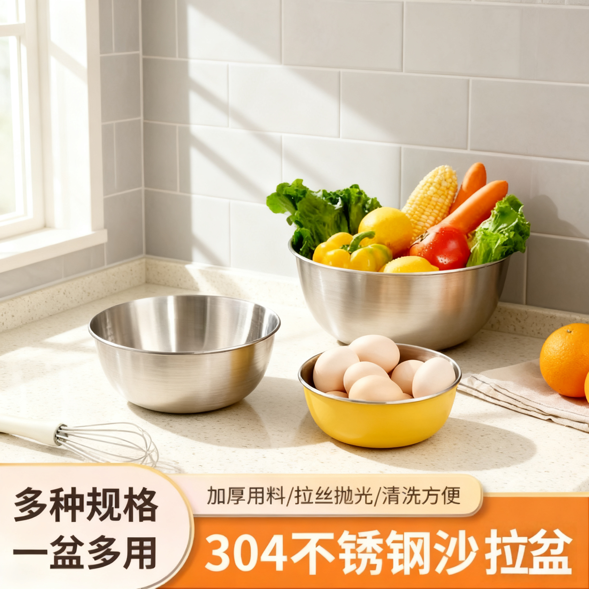 不锈钢沙拉盆料理韩式带刻度打蛋和面盆家用多用盆厨房洗菜盆带盖