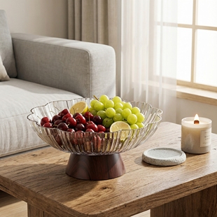 新中式 轻奢花型木纹高脚水果盘客厅茶几坚果零食收纳盒糖果盒收纳