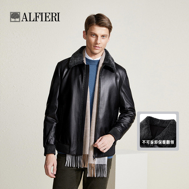 艾法利 美式秋冬羊皮革保暖翻领拉链男士机车真皮皮衣夹克