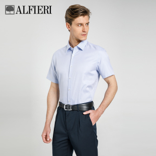 衬衫 Alfieri艾法利衬衣夏季 短袖 细格纹棉桑蚕丝混纺面料男士 经典
