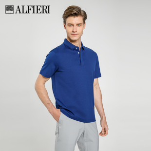 Alfieri艾法利夏季 T恤男 丝棉混纺凹凸肌理双层暗门襟净色翻领短袖