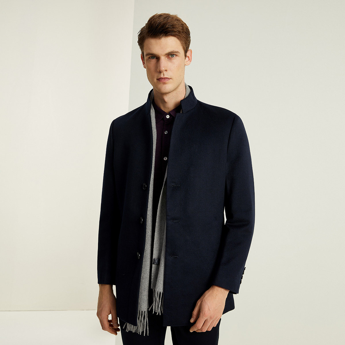 艾法利 男装冬季新款棉羊毛混纺内胆可拆卸立领中长款大衣