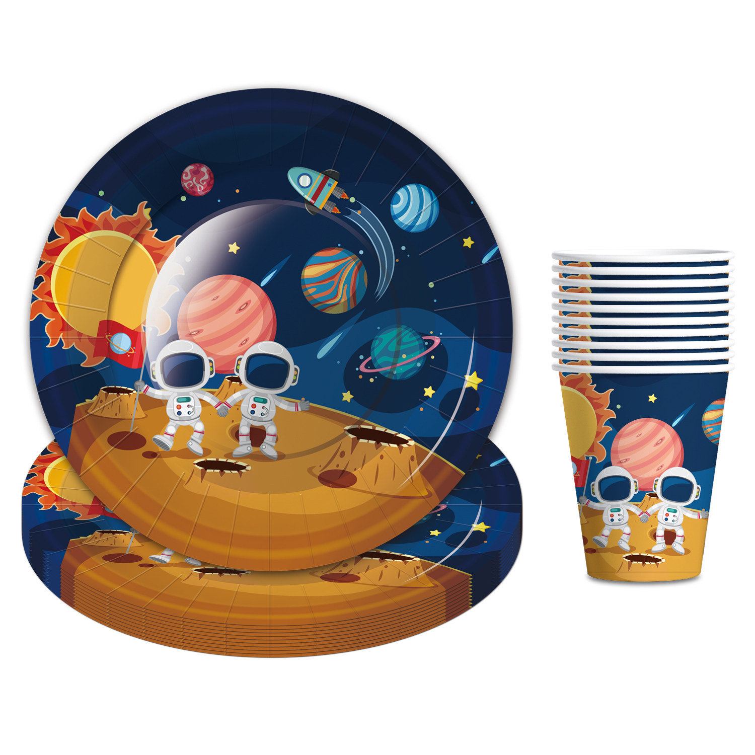 太空星球宇航员儿童生日聚会主题派对杯子盘子卡通一次性纸杯盘子图片