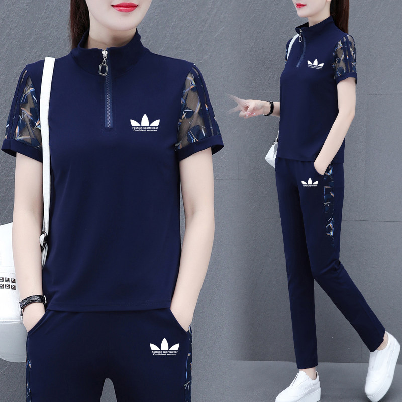 运动三叶草休闲短袖套装女夏季2026年新款时尚减龄冰丝速干两件套