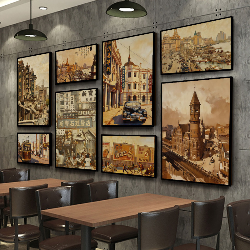 民国风复古装饰画餐厅饭店老照片墙面挂画怀旧建筑街景老上海壁画