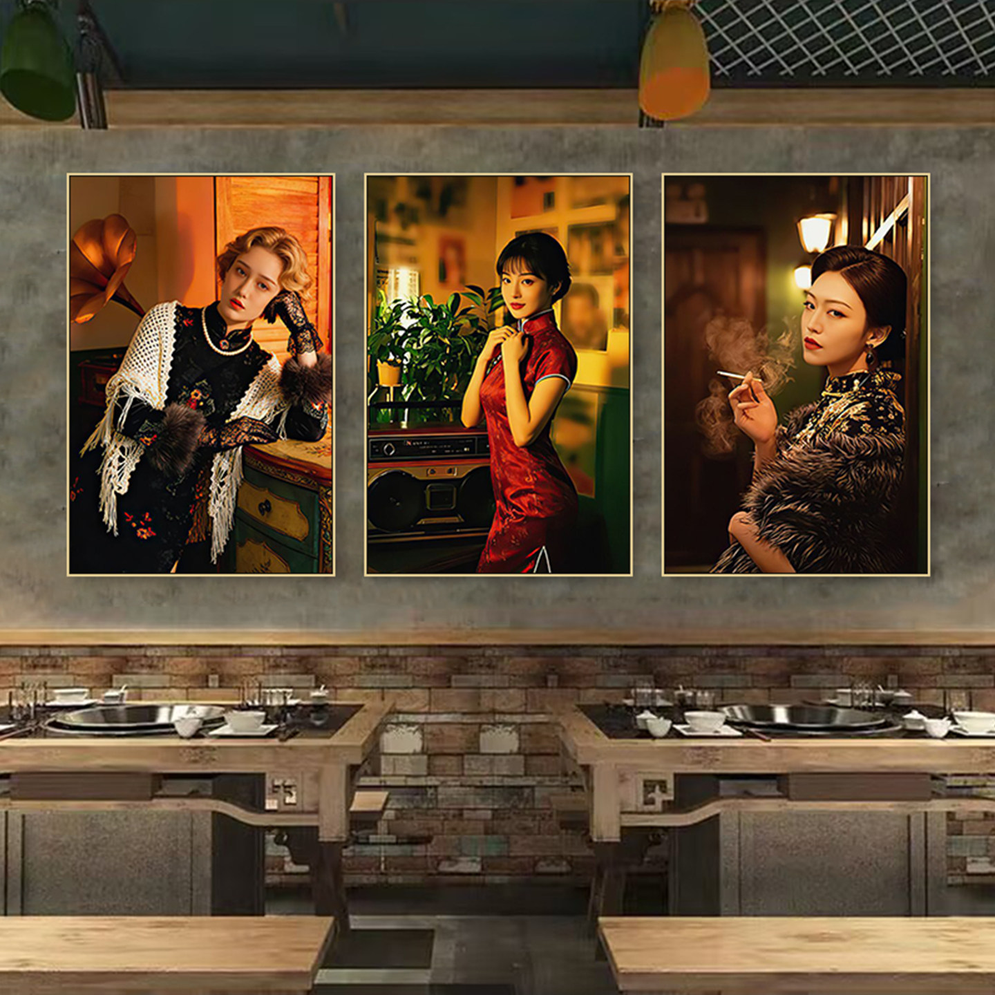 民国风旗袍美女装饰画复古餐厅酒吧清吧挂画网红火锅店烧烤店壁画