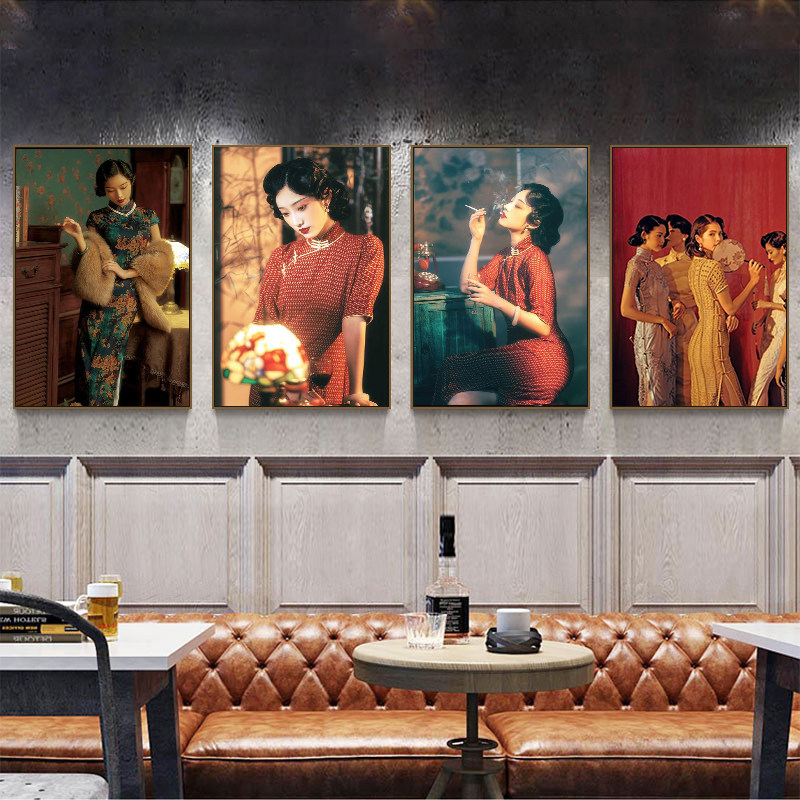 旗袍女人装饰画酒吧歌舞厅民国风老上海挂画茶楼饭店复古怀旧壁画