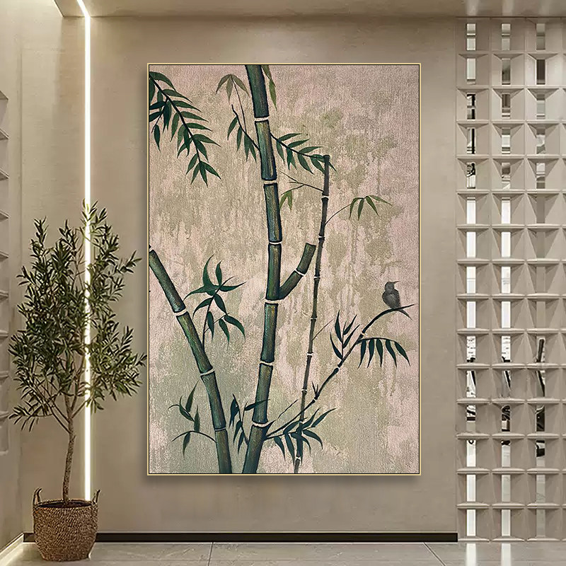 新中式竹子挂画客厅玄关水墨油画风竹报平安装饰画书房茶室壁画