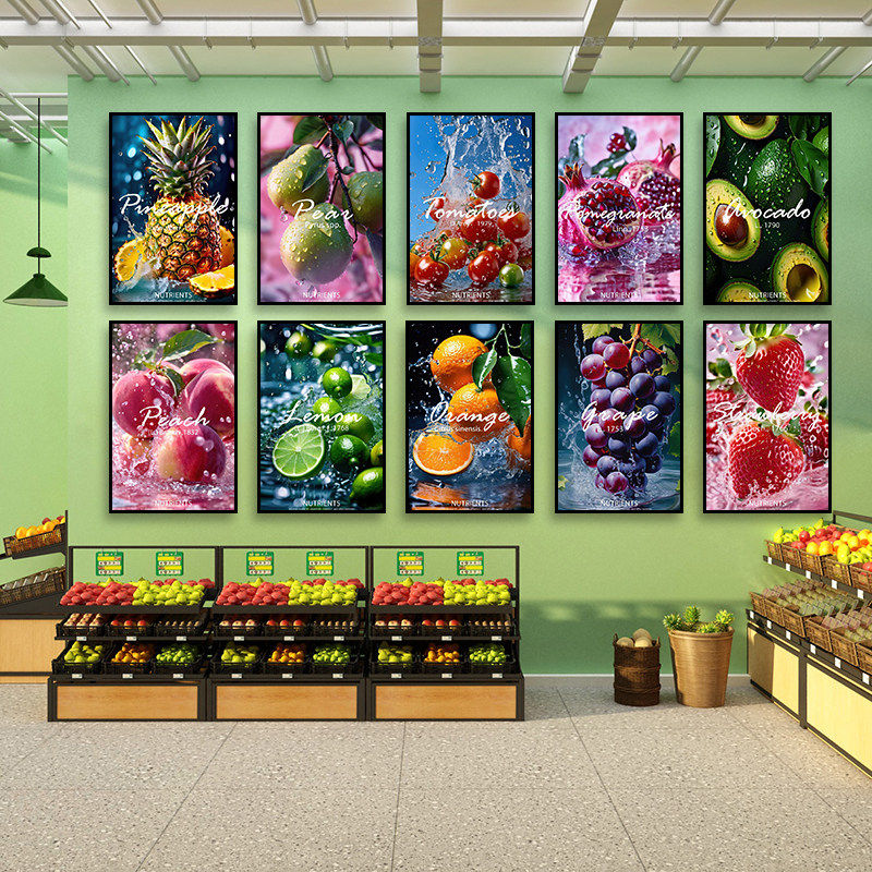 水果店装饰画素菜馆轻食店餐厅草莓壁画小清新生鲜超市收银台挂画