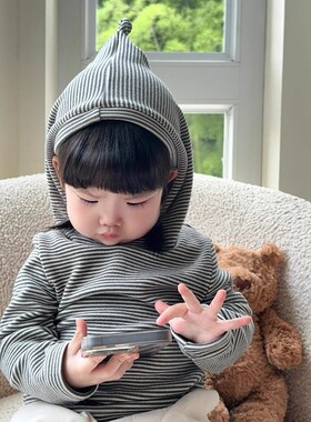 韩国童装儿童卫衣2026秋装新款男女童时髦经典条纹连帽长袖上衣潮