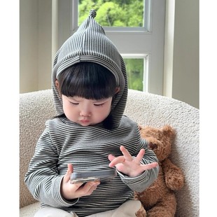 韩国童装儿童卫衣2026秋装新款男女童时髦经典条纹连帽长袖上衣潮