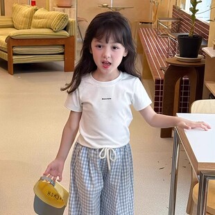 儿童韩版洋气小字母短袖T恤女童宝宝正肩修身白色短款打底衫夏