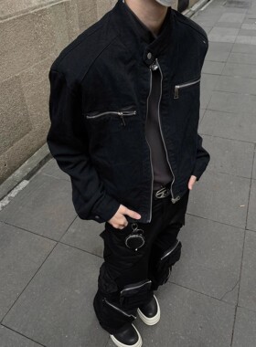 美式复古双拉链设计纽扣立领牛仔夹克外套男女秋季宽松休闲上衣潮