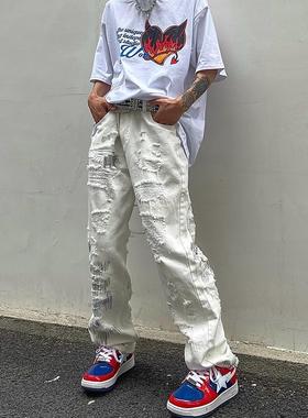 FOG美式复古破洞刀割流牛仔裤男ins高街刺绣高腰白色宽松直筒长裤