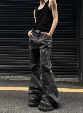 美式复古cleanfit水波纹微喇叭牛仔裤男高街宽松做旧阔腿拖地长裤