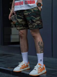 美式复古迷彩双层网眼不过膝短裤男夏季刺绣休闲运动小众四分裤潮