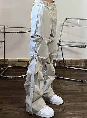 欧美高街vibe风褶皱机能工装裤男街头嘻哈潮牌宽松直筒纽扣休闲裤