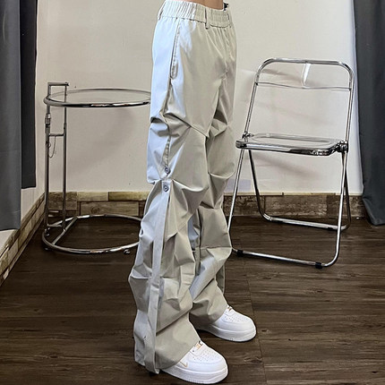 欧美高街vibe风褶皱机能工装裤男街头嘻哈潮牌宽松直筒纽扣休闲裤