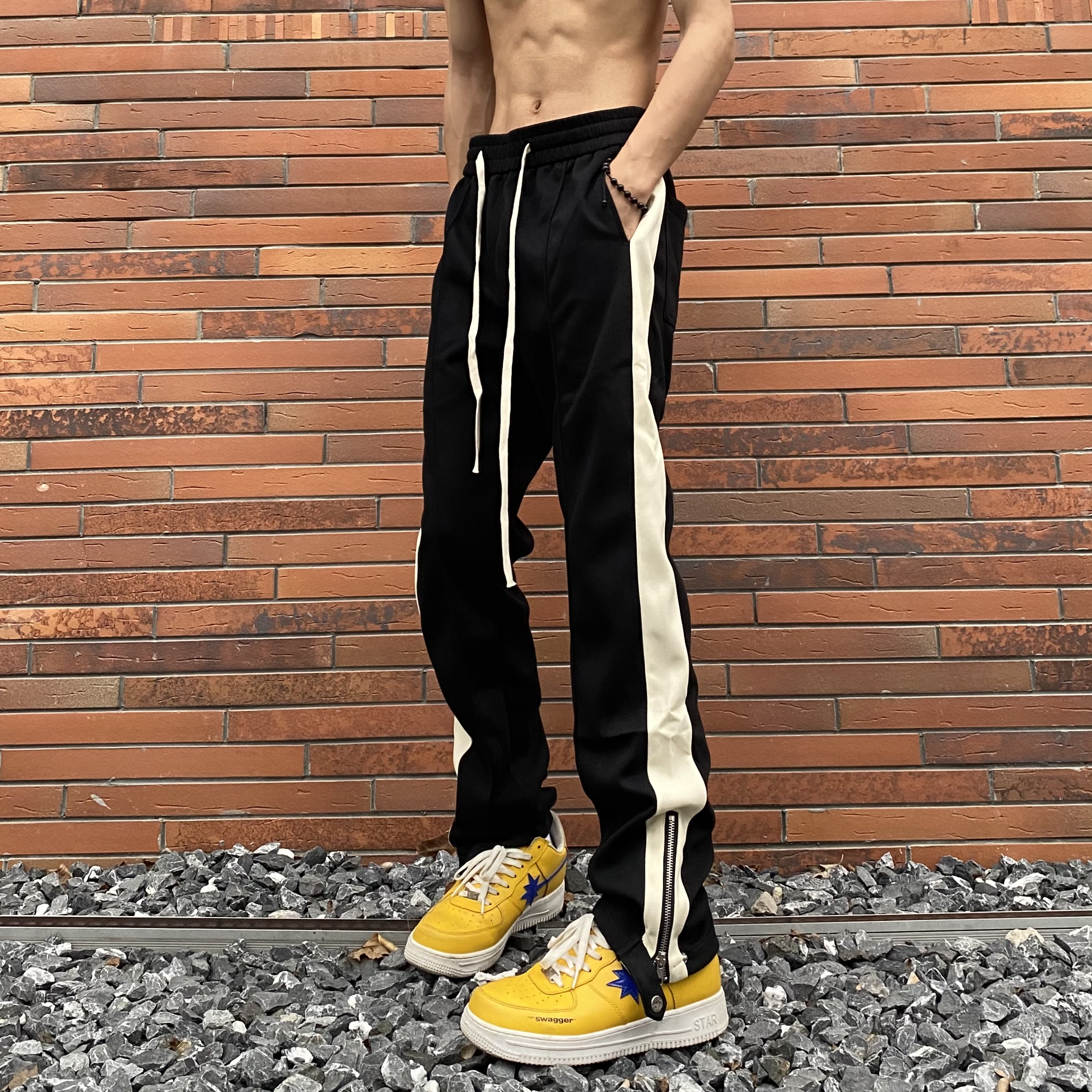 美式街头裤口拉链条纹休闲卫裤男