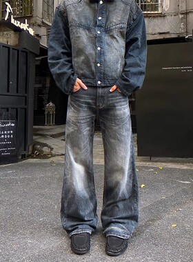 秋季美式复古新款蓝色水洗做旧牛仔裤男女潮宽松vibe直筒微喇长裤