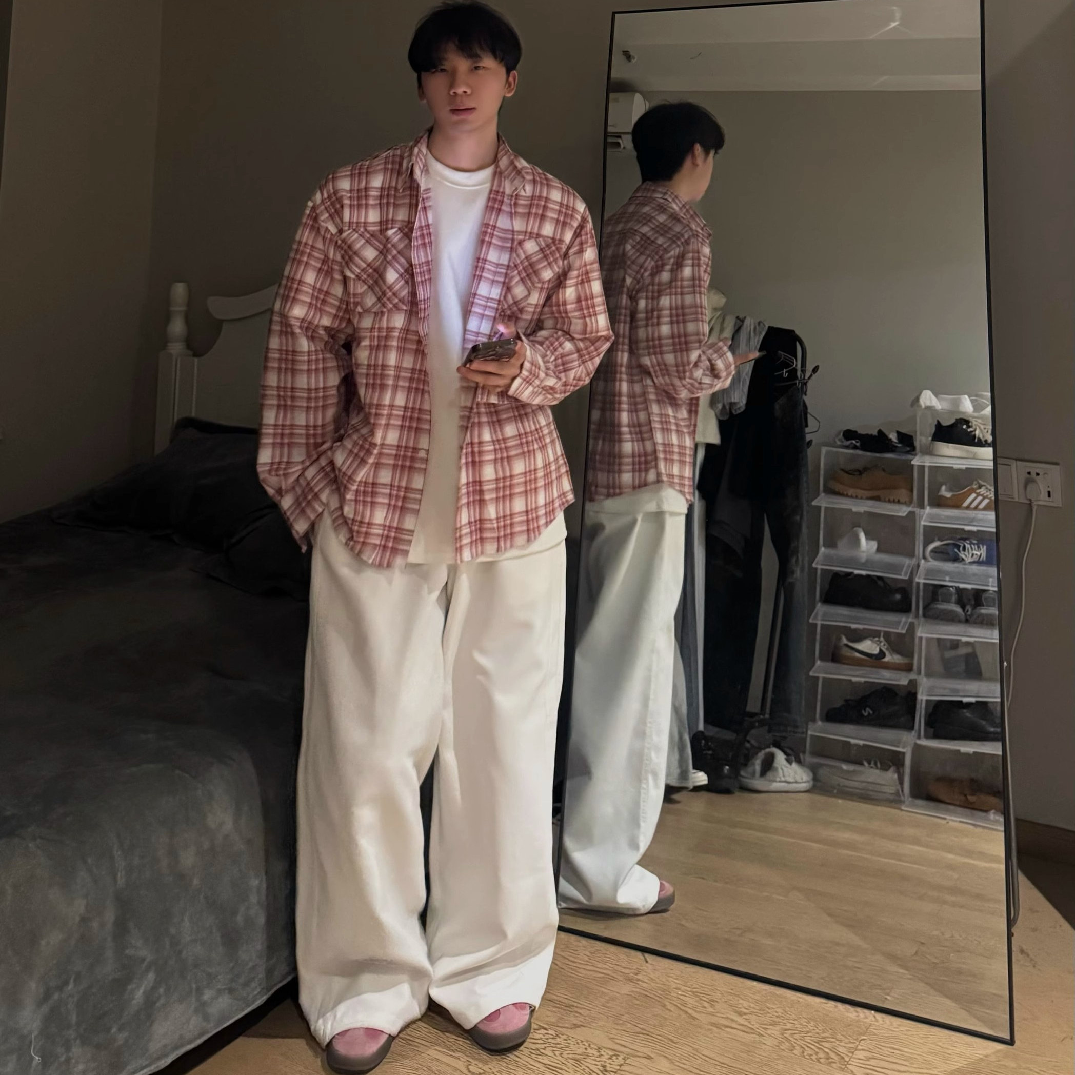 美式复古红色格子衬衫男