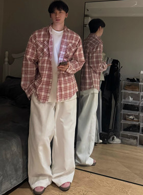 美式复古红色格子衬衫男春秋潮牌宽松休闲长袖衬衣cleanfit上衣潮