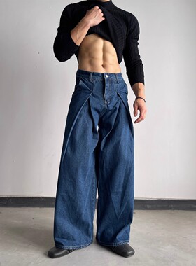 美式复古打褶阔腿牛仔裤男女高街vibe潮流宽松百搭深蓝色直筒长裤