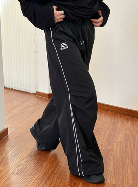 美式复古杠条速干休闲裤男女vibe高街潮流宽松阔腿直筒运动长裤子