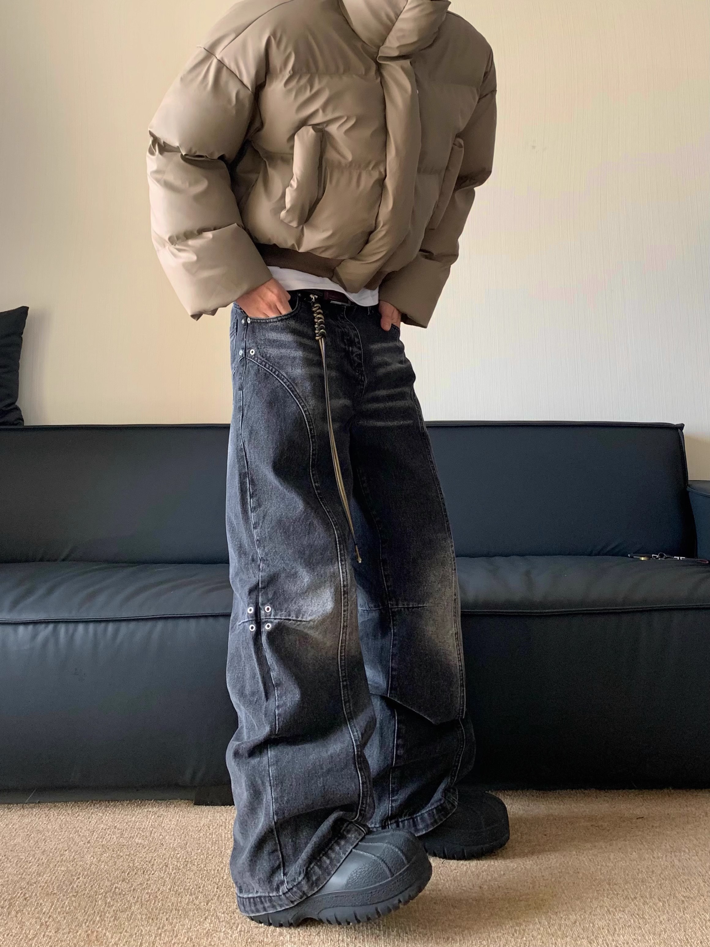 美式复古小众铆钉设计水洗牛仔裤