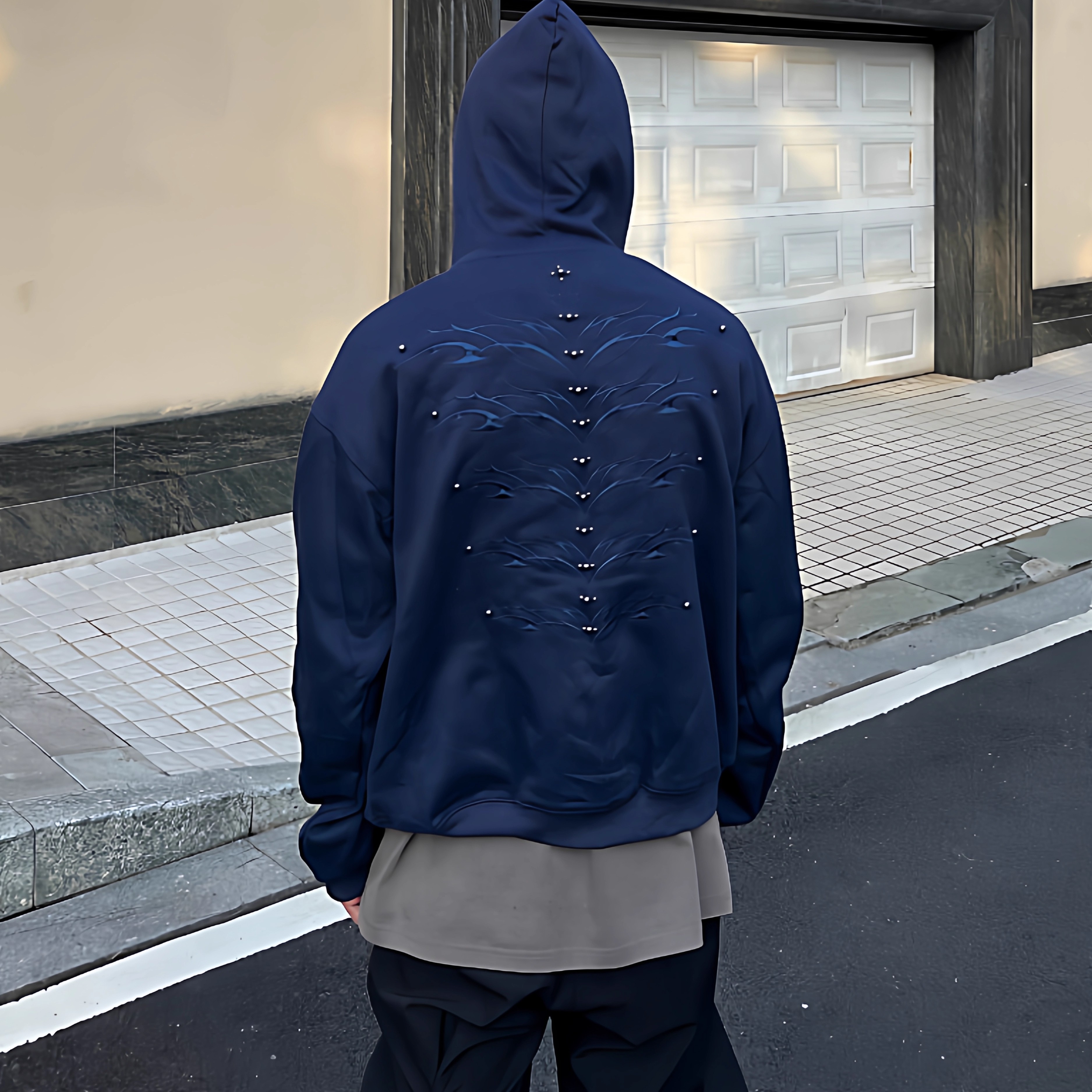 美式复古钉珠刺绣连帽卫衣