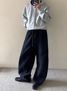 美式cleanfit复古重磅阔腿休闲弯刀卫裤男秋季慵懒老钱风宽松长裤